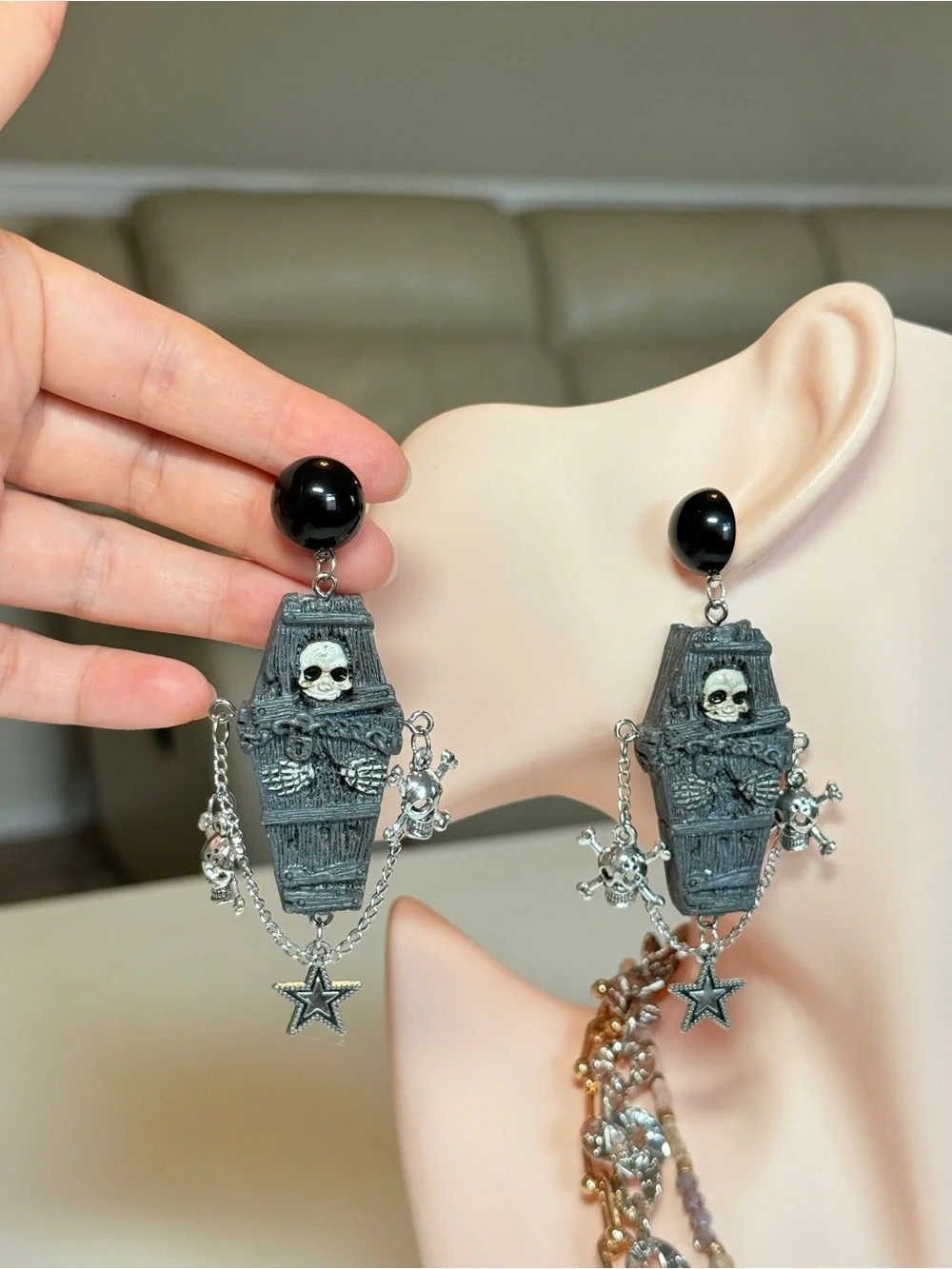Black Gothic Coffin & Skull Drop Earrings